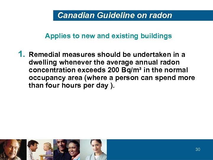 Canadian Guideline on radon Applies to new and existing buildings 1. Remedial measures should