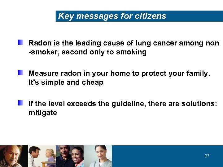 Key messages for citizens Radon is the leading cause of lung cancer among non