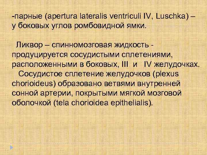 -парные (apertura lateralis ventriculi IV, Luschka) – у боковых углов ромбовидной ямки. Ликвор –