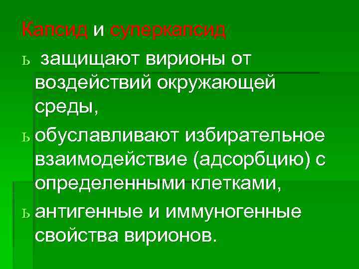 Капсид и суперкапсид ь защищают вирионы от воздействий окружающей среды, ь обуславливают избирательное взаимодействие