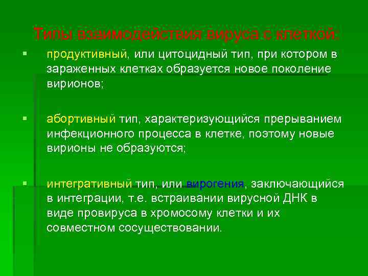 Типы взаимодействия вируса с клеткой: § продуктивный, или цитоцидный тип, при котором в зараженных