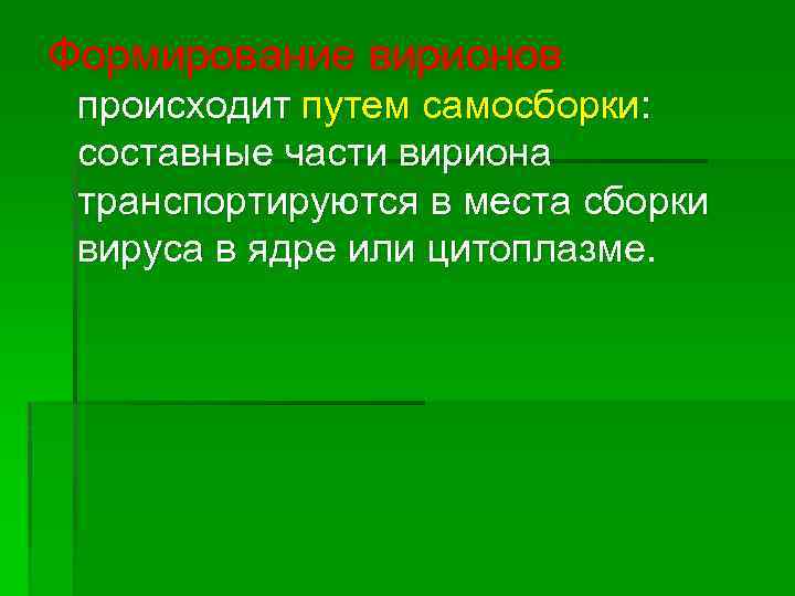 Формирование вирионов происходит путем самосборки: составные части вириона транспортируются в места сборки вируса в