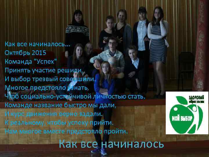 Как все начиналось. . . Октябрь 2015 Команда "Успех" Принять участие решили, И выбор