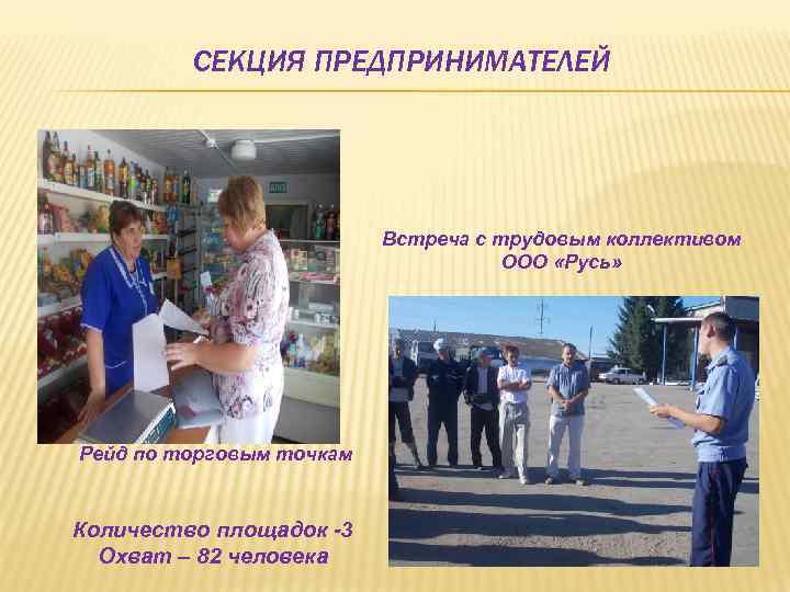 СЕКЦИЯ ПРЕДПРИНИМАТЕЛЕЙ Встреча с трудовым коллективом ООО «Русь» Рейд по торговым точкам Количество площадок