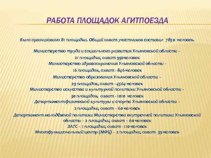 РАБОТА ПЛОЩАДОК АГИТПОЕЗДА Было организовано 81 площадка. Общий охват участников составил 7850 человек. Министерство