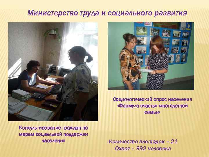 Министерство труда и социального развития Социологический опрос населения «Формула счастья многодетной семьи» Консультирование граждан