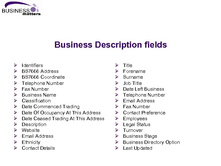 Business Description fields Ø Ø Ø Ø Identifiers BS 7666 Address BS 7666 Coordinate