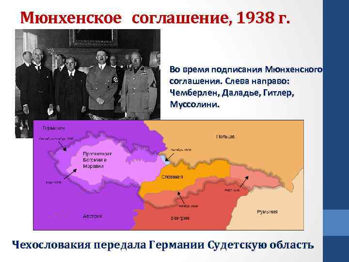 Мюнхенское соглашение, 1938 г. Во время подписания Мюнхенского соглашения. Слева направо: Чемберлен, Даладье, Гитлер,