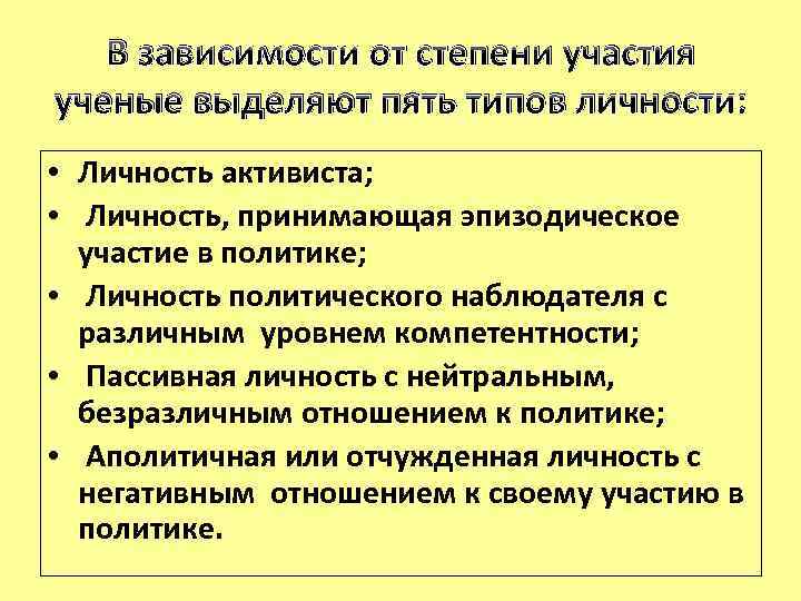 В зависимости от степени участия ученые выделяют пять типов личности: • Личность активиста; •