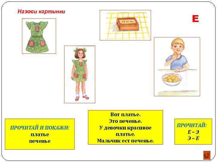 Назови картинки ПРОЧИТАЙ И ПОКАЖИ: платье печенье Е Вот платье. Это печенье. У девочки