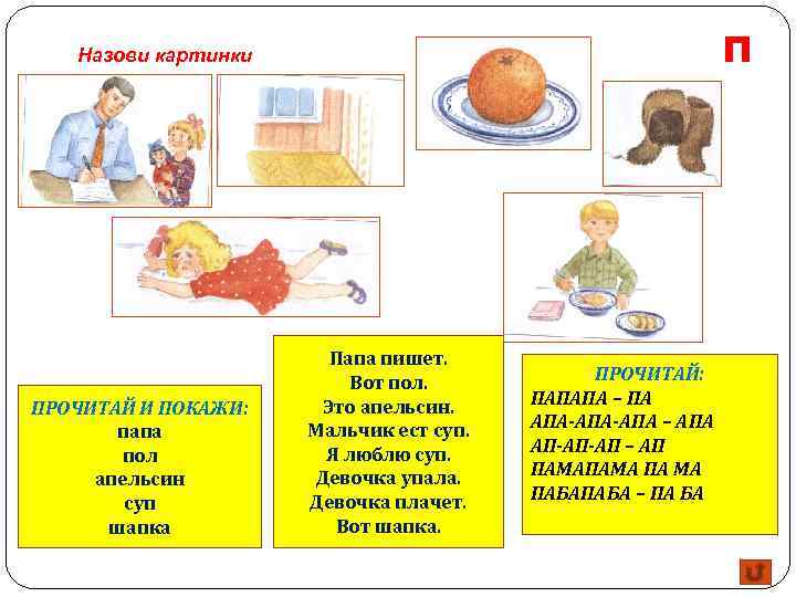 П Назови картинки ПРОЧИТАЙ И ПОКАЖИ: папа пол апельсин суп шапка Папа пишет. Вот