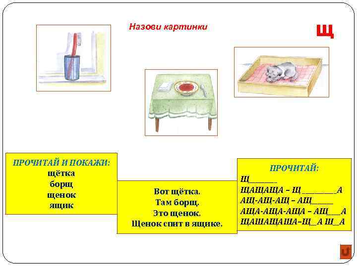 Назови картинки ПРОЧИТАЙ И ПОКАЖИ: щётка борщ щенок ящик Вот щётка. Там борщ. Это