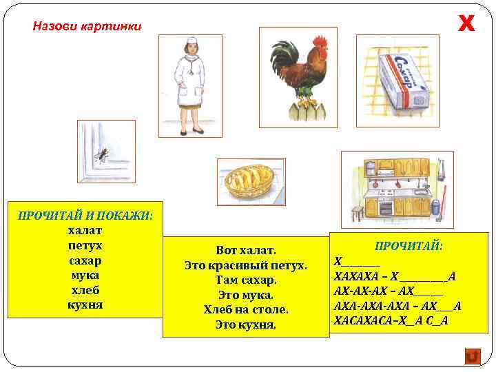 Х Назови картинки ПРОЧИТАЙ И ПОКАЖИ: халат петух сахар мука хлеб кухня Вот халат.