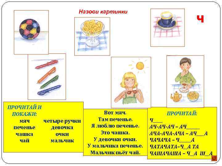 Назови картинки ПРОЧИТАЙ И ПОКАЖИ: мяч четыре ручки печенье девочка чашка очки чай мальчик