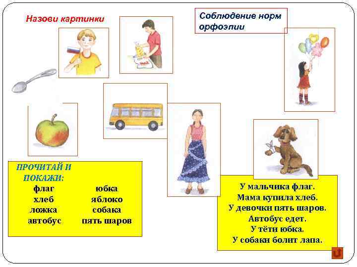 Назови картинки ПРОЧИТАЙ И ПОКАЖИ: флаг хлеб ложка автобус юбка яблоко собака пять шаров