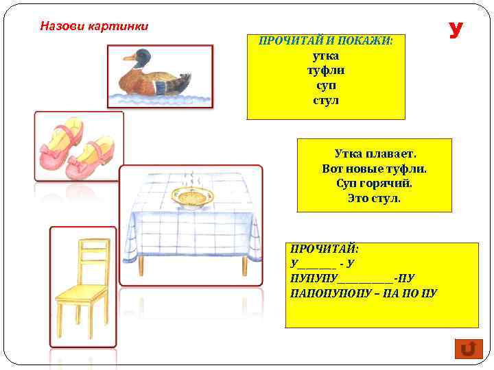 Назови картинки ПРОЧИТАЙ И ПОКАЖИ: утка туфли суп стул Утка плавает. Вот новые туфли.