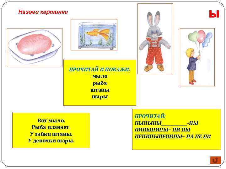 Ы Назови картинки ПРОЧИТАЙ И ПОКАЖИ: мыло рыба штаны шары Вот мыло. Рыба плавает.