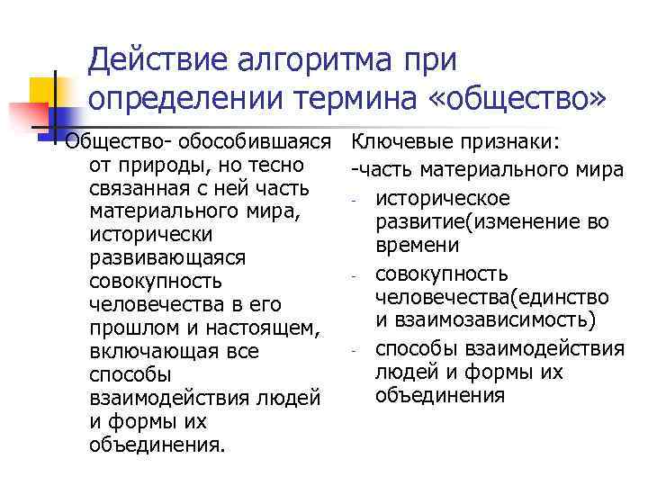 Действие алгоритма при определении термина «общество» Общество- обособившаяся Ключевые признаки: от природы, но тесно