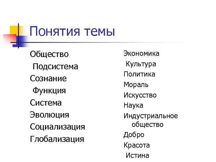 Понятия темы Общество Подсистема Сознание Функция Система Эволюция Социализация Глобализация Экономика Культура Политика Мораль
