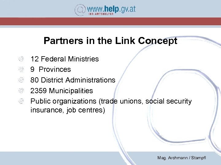 Partners in the Link Concept 12 Federal Ministries 9 Provinces 80 District Administrations 2359