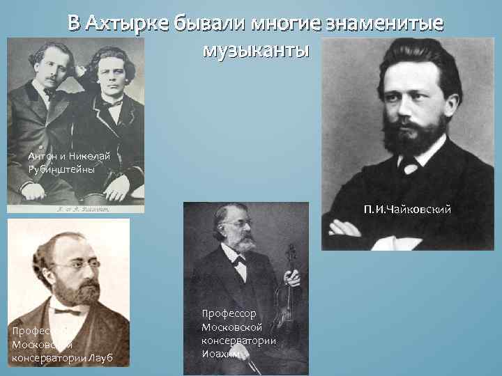 В Ахтырке бывали многие знаменитые музыканты Антон и Николай Рубинштейны П. И. Чайковский Профессор