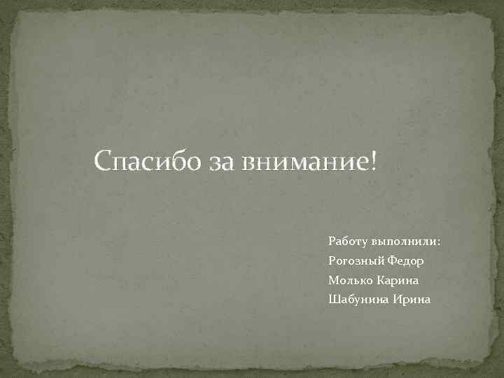 Спасибо за внимание! Работу выполнили: Рогозный Федор Молько Карина Шабунина Ирина 