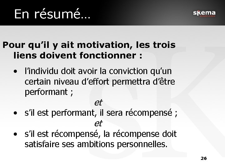En résumé… Pour qu’il y ait motivation, les trois liens doivent fonctionner : •