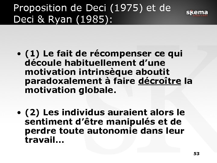Proposition de Deci (1975) et de Deci & Ryan (1985): • (1) Le fait