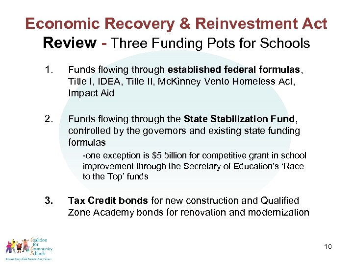 Economic Recovery & Reinvestment Act Review - Three Funding Pots for Schools 1. Funds