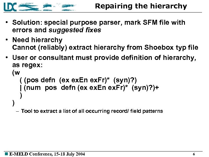 Repairing the hierarchy • Solution: special purpose parser, mark SFM file with errors and