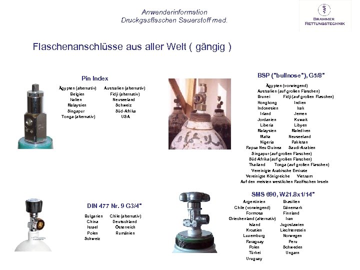 Anwenderinformation Druckgasflaschen Sauerstoff med. Flaschenanschlüsse aus aller Welt ( gängig ) BSP (