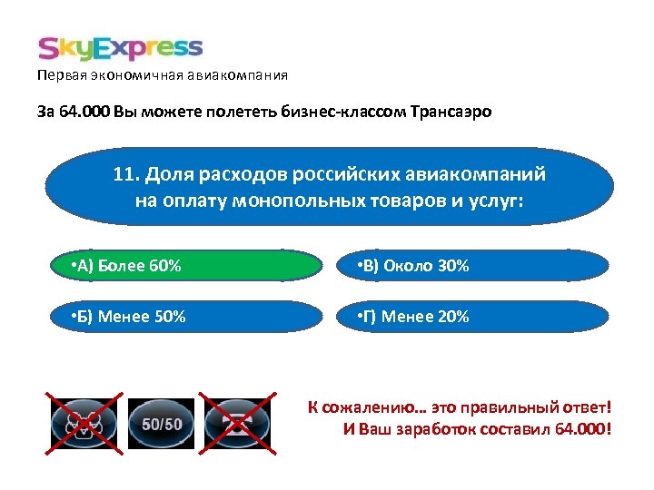 Первая экономичная авиакомпания За 64. 000 Вы можете полететь бизнес-классом Трансаэро 11. Доля расходов