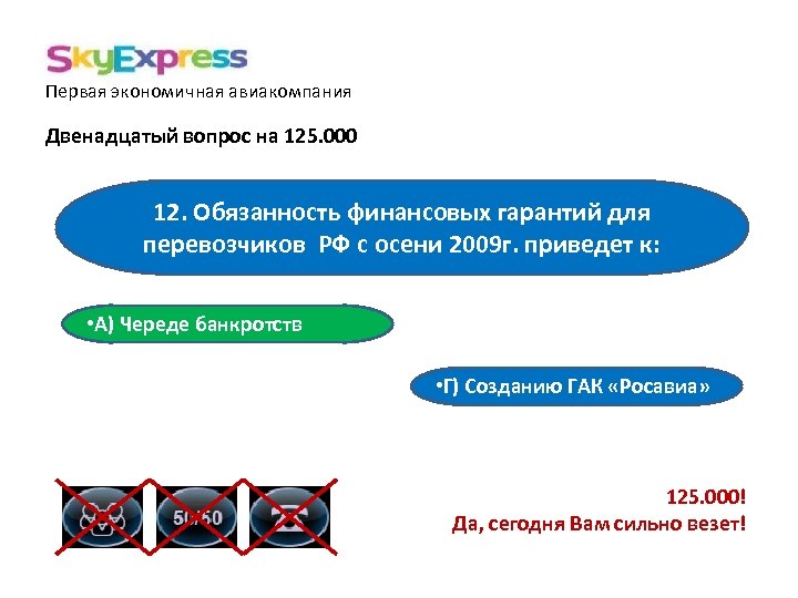 Первая экономичная авиакомпания Двенадцатый вопрос на 125. 000 12. Обязанность финансовых гарантий для перевозчиков