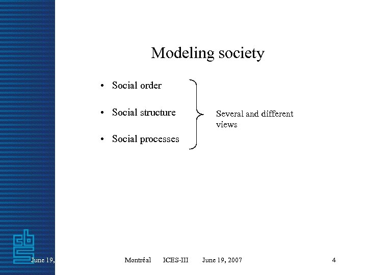 Modeling society • Social order • Social structure Several and different views • Social