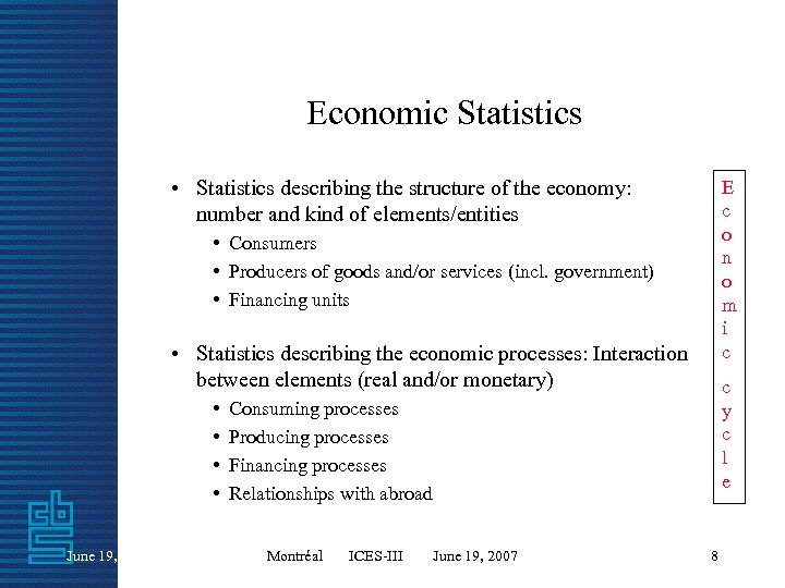 Economic Statistics • Statistics describing the structure of the economy: number and kind of