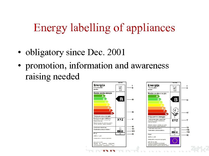 Energy labelling of appliances • obligatory since Dec. 2001 • promotion, information and awareness
