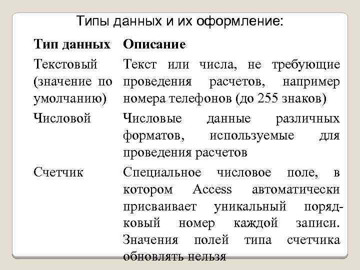 Типы данных и их оформление: Тип данных Текстовый (значение по умолчанию) Числовой Счетчик Описание
