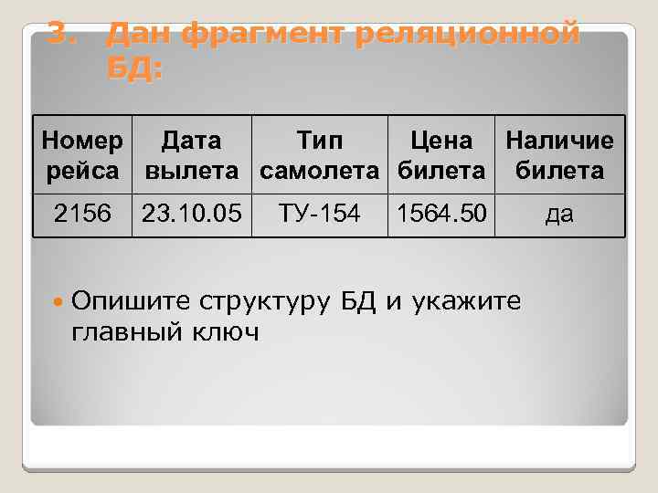 3. Дан фрагмент реляционной БД: Номер Дата Тип Цена Наличие рейса вылета самолета билета
