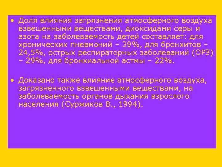  • Доля влияния загрязнения атмосферного воздуха взвешенными веществами, диоксидами серы и азота на