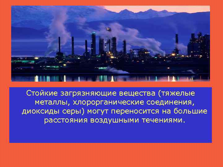 Стойкие загрязняющие вещества (тяжелые металлы, хлорорганические соединения, диоксиды серы) могут переносится на большие расстояния