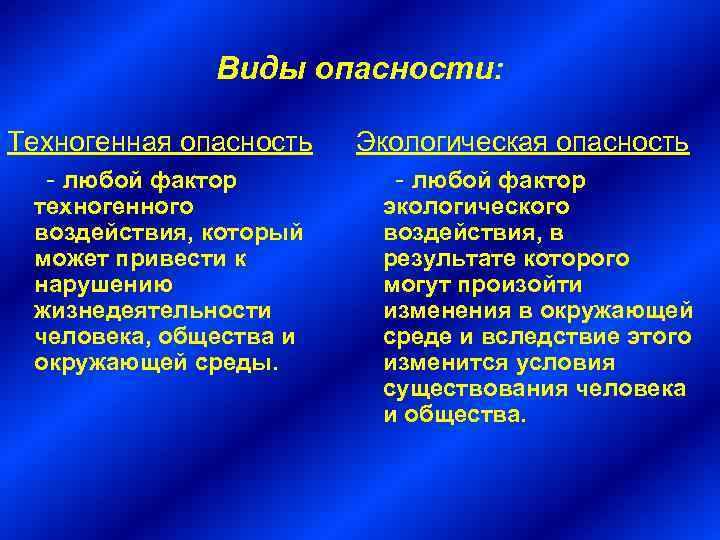 Виды опасности: Техногенная опасность - любой фактор техногенного воздействия, который может привести к нарушению
