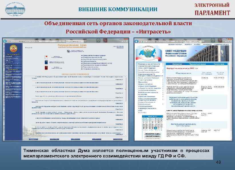 ВНЕШНИЕ КОММУНИКАЦИИ Объединенная сеть органов законодательной власти Российской Федерации – «Интрасеть» Тюменская областная Дума