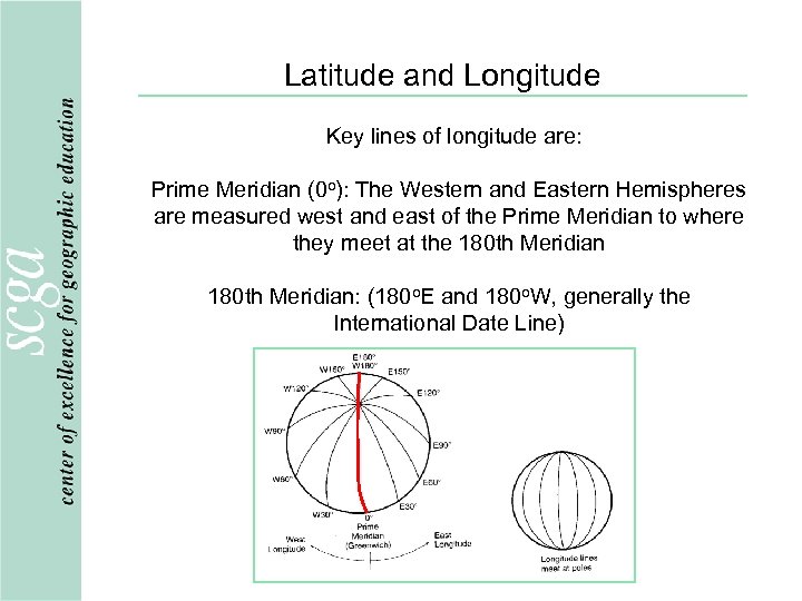 Latitude and Longitude Key lines of longitude are: Prime Meridian (0 o): The Western