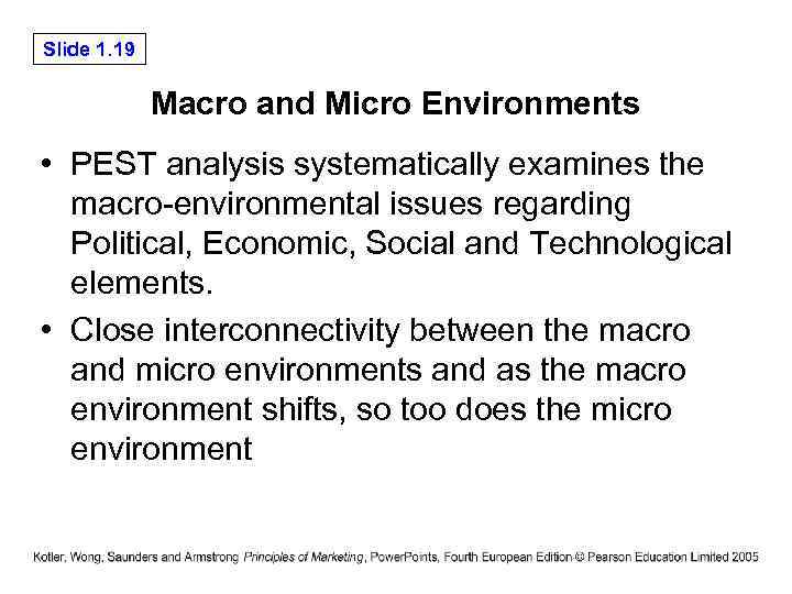 Slide 1. 19 Macro and Micro Environments • PEST analysis systematically examines the macro-environmental