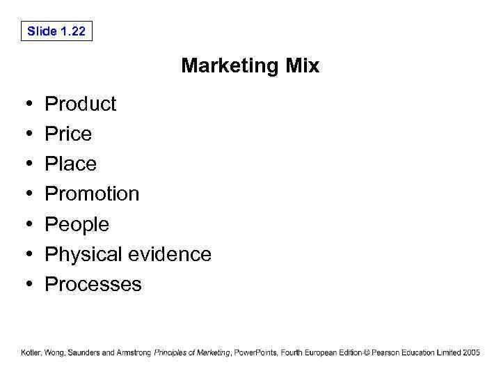 Slide 1. 22 Marketing Mix • • Product Price Place Promotion People Physical evidence