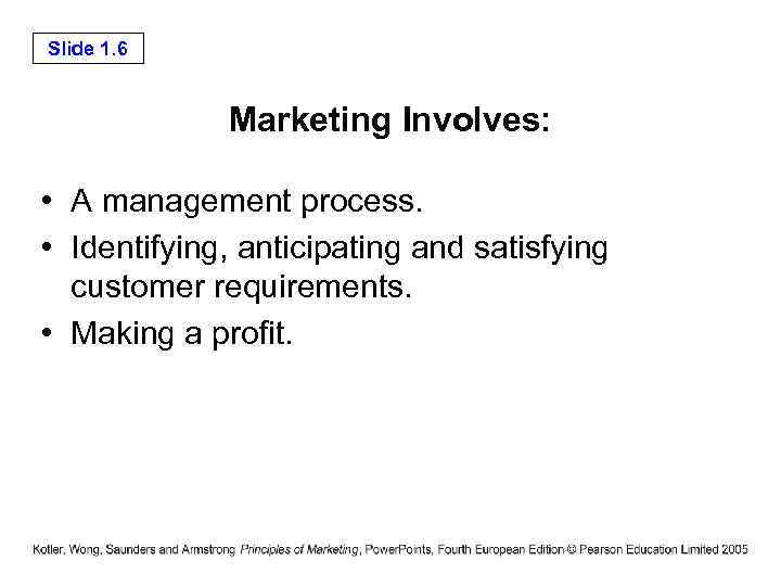 Slide 1. 6 Marketing Involves: • A management process. • Identifying, anticipating and satisfying