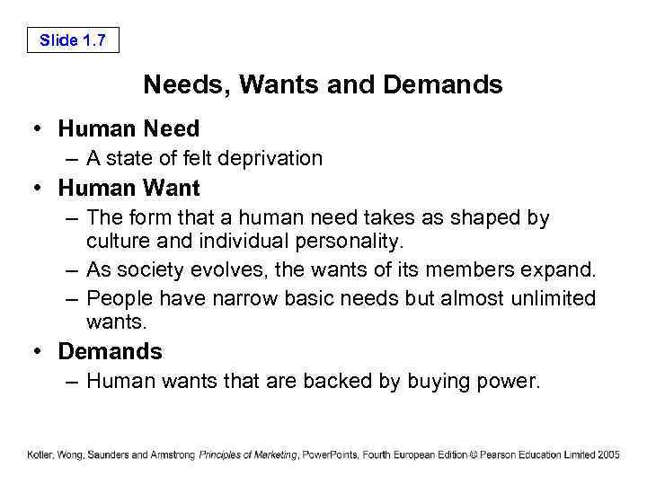 Slide 1. 7 Needs, Wants and Demands • Human Need – A state of