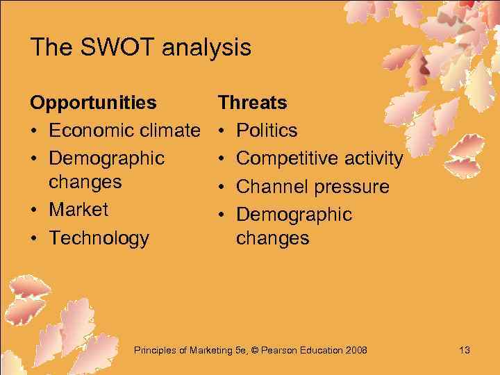 The SWOT analysis Opportunities • Economic climate • Demographic changes • Market • Technology