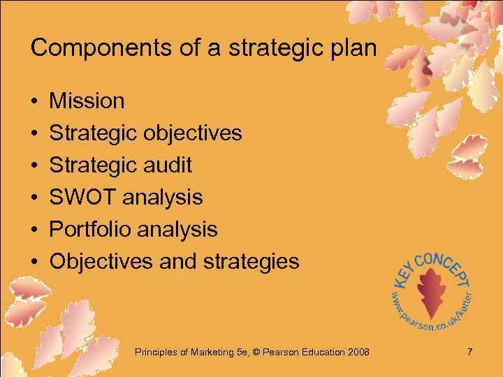 Components of a strategic plan • • • Mission Strategic objectives Strategic audit SWOT