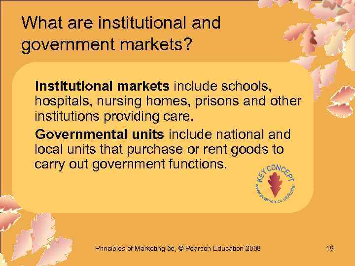 What are institutional and government markets? Institutional markets include schools, hospitals, nursing homes, prisons